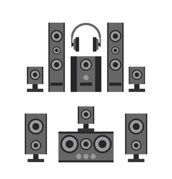 audio speakers and headphones on white background
