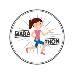 seal stamp with woman smiling and running icon inside. marathon sport competition colorful design. vector illustration