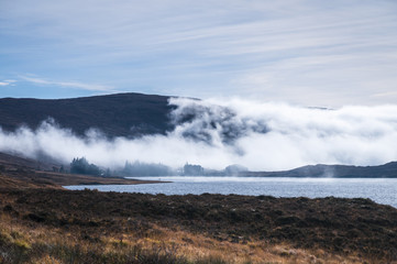 Misty creeping up on Merkland Lodge at the end of Loch Merkland, Sutherland, Scotland.