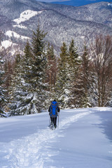 Fototapeta na wymiar Hiker in winter mountains. View of deep snow and snow-covered trees. Concept of adventure man and outdoor lifestyle.