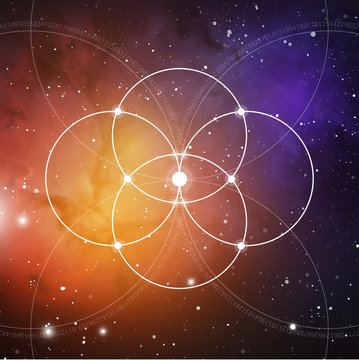 Flower of life - the interlocking circles ancient symbol on outer space background. Sacred geometry. The formula of nature on blurry photorealistic background.