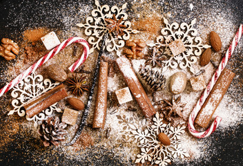 Christmas or New Year background of spices, nuts, cones and snow