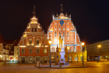 City Hall Square with House of the Blackheads and Saint Roland Statue in Old Town of Riga at night, Latvia