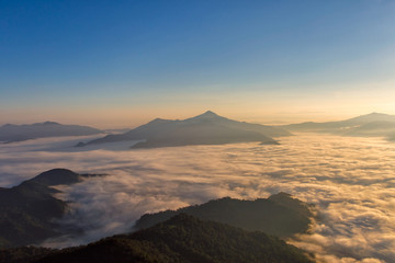 Landscape with the mist at Pha Tung mountain in sunrise time, Chiang Rai, Thailand.