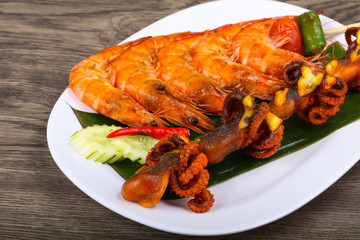 Skewer with octopus and prawn