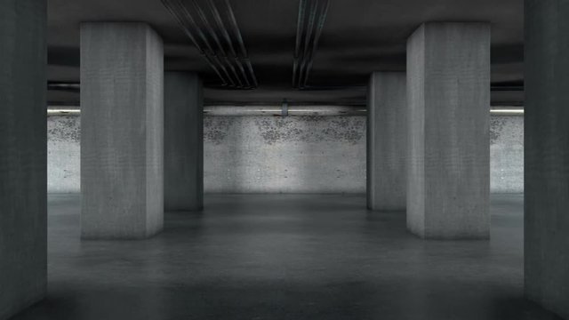 Travelling interior of concrete stucture 3d rendering.Cement columns and formwork.