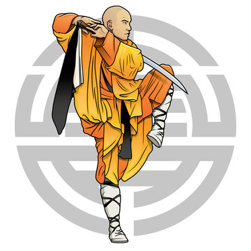shaolin monk with sword and chinese "Shou" symbol (Longevity)
