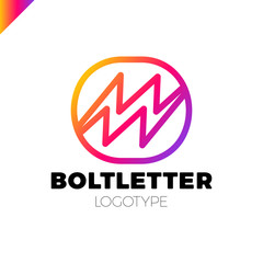 Dynamic letter M or W logo. Bolt and thunder in circle logotype