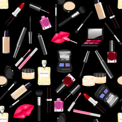 Makeup, perfume, cosmetics seamless pattern.
