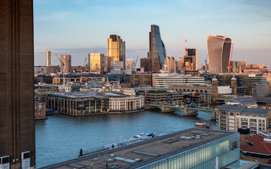 City of London skyline and Tate Modern at dusk