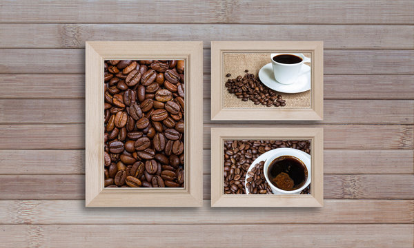 Collage of  frames with coffee motif posters on wooden panels wall, interior decoration