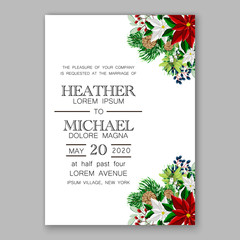 Poinsettia Wedding Invitation sample card beautiful winter floral ornament Christmas party invitation with poinsettia, fir, pine branches, red holly berries, mistletoe