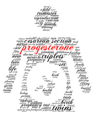 Progesterone. Word cloud, silhouette of a pregnant woman, italic font, white background. The miracle of birth.