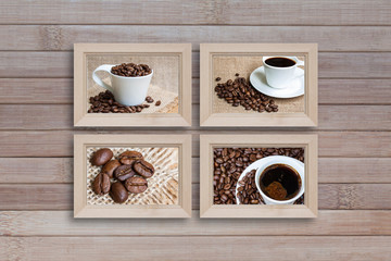 Collage of photo frames with coffee motif posters on wooden panels wall,  interior decor mock up