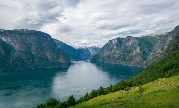 Norway fjord field and mountains view from above