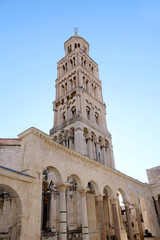 Saint Domnius bell tower, historic landmark in Split, Croatia. Split is popular touristic destination and UNESCO World Heritage Site. 