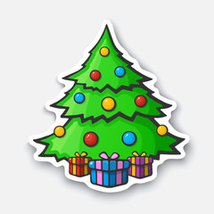 Cartoon sticker with Christmas tree in comic style