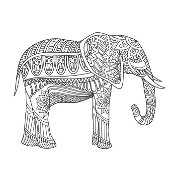Indian elephant in traditional asian style. Ornate elephant on lace background for coloring page design, t-shirt design etc. Hand drawn vector illustration