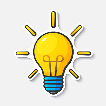 Cartoon sticker with light bulb in comic style