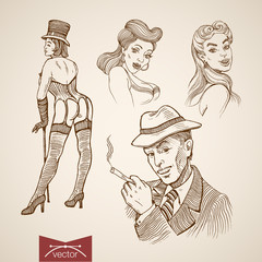Engraving vintage sexy show girls singer man hand drawn vector