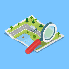 Flat isometric Van paper map magnifier vector 3d Tracing load
