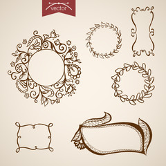 Engraving hand vector frames floral elements