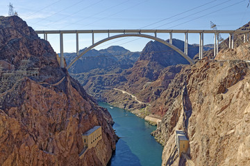 View from the Hoover Dam of the downstream Mike O'Callaghan-Pat Tillman Memorial Bridge, which spans the Colorado River between Arizona and Nevada