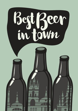 vector banner with three bottles and inscription best beer and town and old city