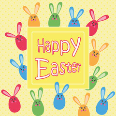 Happy Easter Postcard, Colorful card with cute bunnies and greetings