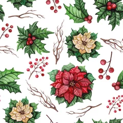 Foto auf Acrylglas Watercolor Seamless Pattern with Poinsettia, Berries and Branches © Nebula Cordata