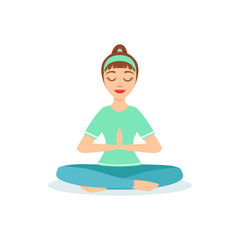 Lotus With Praying Hands Padmasana Yoga Pose Demonstrated By The Girl Cartoon Yogi With Ponytail In Blue Sportive Clothing Vector Illustration