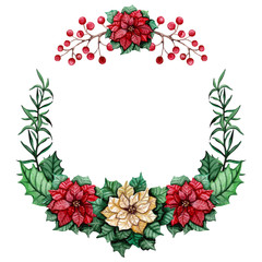 Wreath with Watercolor Berries, Poinsettia and Herbs