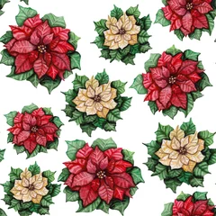  Seamless Pattern with Watercolor Red and White Poinsettis © Nebula Cordata