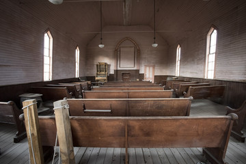 Pews in Old Methodist Church, Ghost Town of Bodie - obrazy, fototapety, plakaty