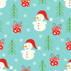 Seamless Christmas background of snowman, gift box, tree, snowflake