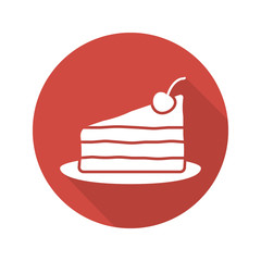 Piece of cake with cherry on plate flat design long shadow icon