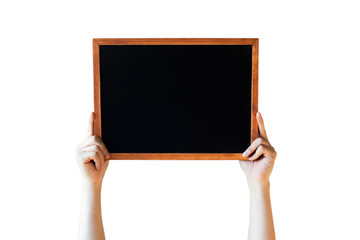 Human Hands Holding Empty Blank Black Board Over White Background - Ready for adding your text here 