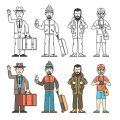 Modern travelers in various clothes with different baggage - color and black outline versions. Vector detailed illustration.