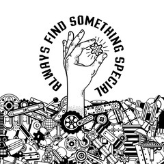 Hand sticking out from a pile of spare parts holding small gear. Black and white contour vector illustration.