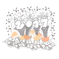 doodle style of  happy new year 2017 greetings card and background, hand drawn vector illustration of holiday symbol postcard