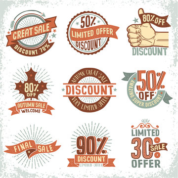 Discount sale coupons, logos, labels in vintage retro doodle style, on a white background. Vector  layered illustration.