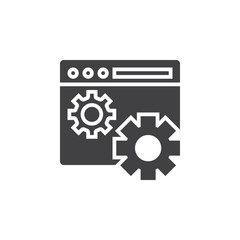 website settings symbol. web browser and gears icon vector, filled flat sign, solid pictogram isolated on white, logo illustration