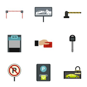 Parking station icons set. Flat illustration of 9 parking station vector icons for web