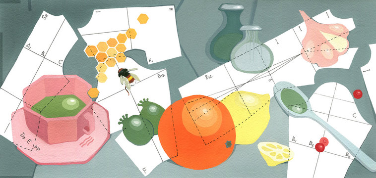 Vitamin pattern, Cup of tea, orange, lemon, pineapple guava, honey comb and garlic on a background of sewing patterns and signs of vitamins