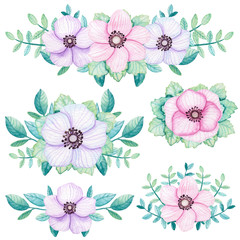 Set of Bouquets with Watercolor Blue Leaves, Pink and Violet Flowers