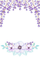 Frame with Watercolor Violet Berries and Blue Flowers