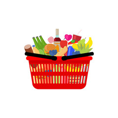 Vector market shopping basket full food and drink