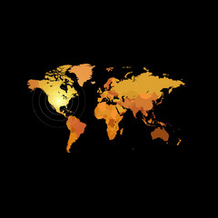 Fototapeta na wymiar Orange color world map on black background. Globe design backdrop. Cartography element wallpaper. Geographic locations image. Continents vector illustration.