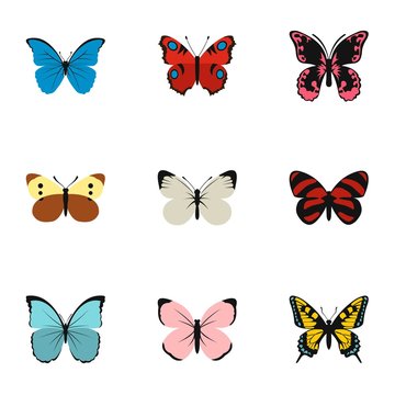 Insects butterflies icons set. Flat illustration of 9 insects butterflies vector icons for web
