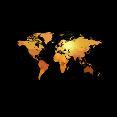 Orange color world map on black background. Globe design backdrop. Cartography element wallpaper. Geographic locations image. Continents vector illustration.
